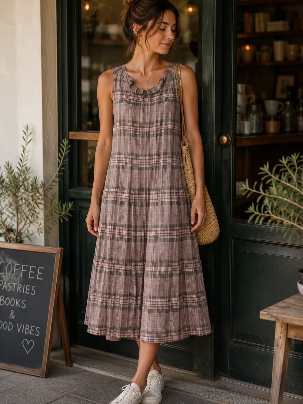 Crea Concept Plaid Cotton Blend Dress Pink Brown Ruffle Neck Tie Back Size S/M